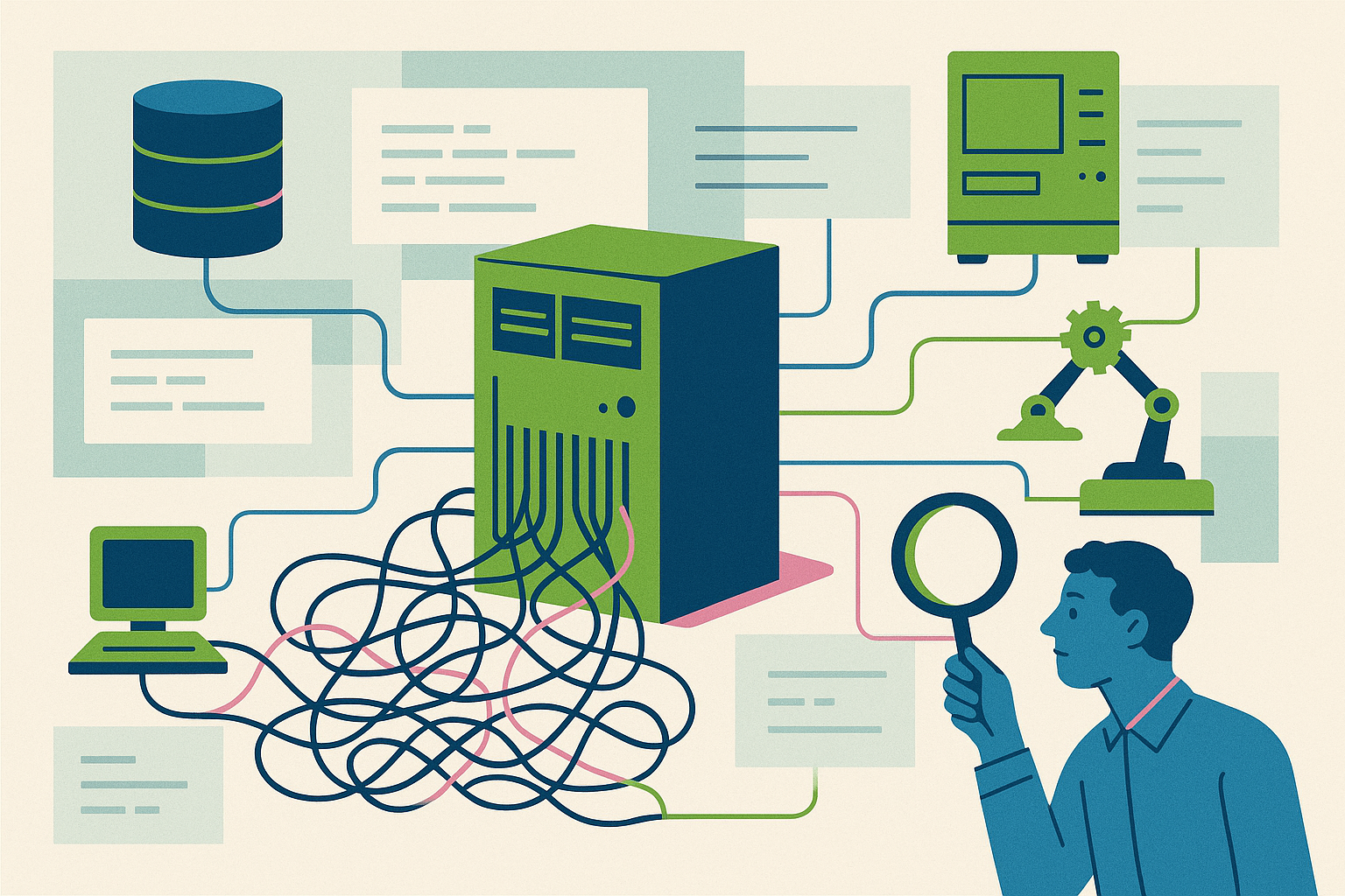 Beheerder brengt verborgen koppelingen tussen een oude server, database en andere systemen in kaart.