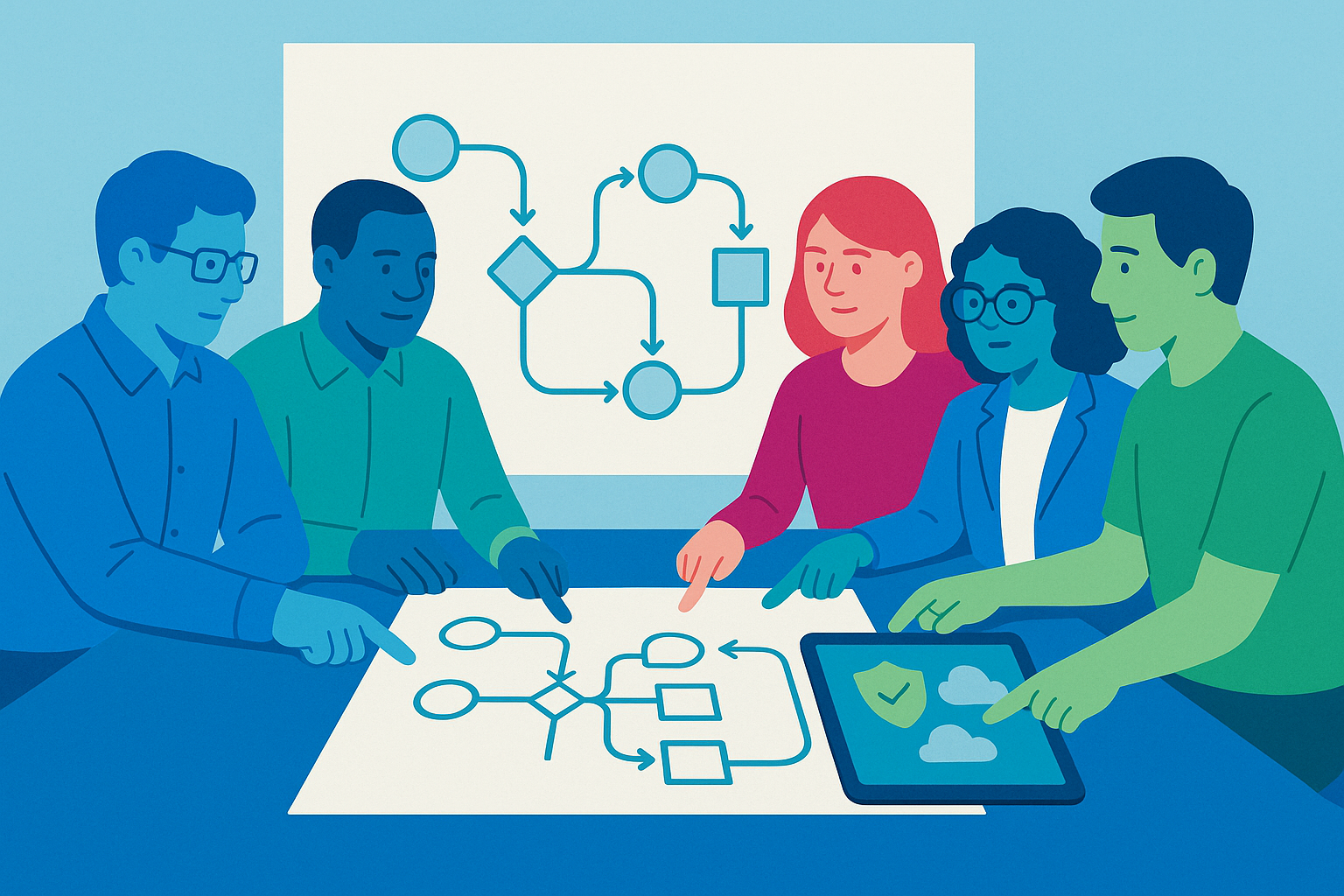 Verschillende medewerkers valideren samen een proces tijdens een workshop.